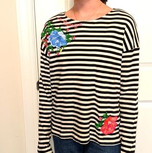 Striped floral embroidered long sleeve